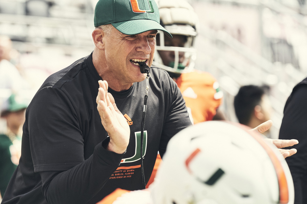Mario Cristobal leads the Hurricanes in practice.